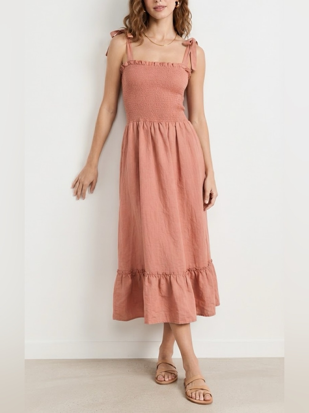 Peixoto Coral Terracotta Smocked Tie Strap Midi Sundress Size S | Boho Chic🩷